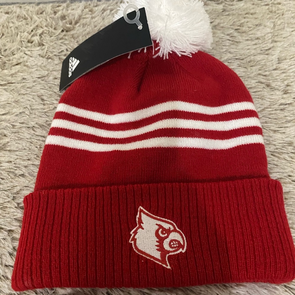 Adidas Red and White Louisville Pom Beanie